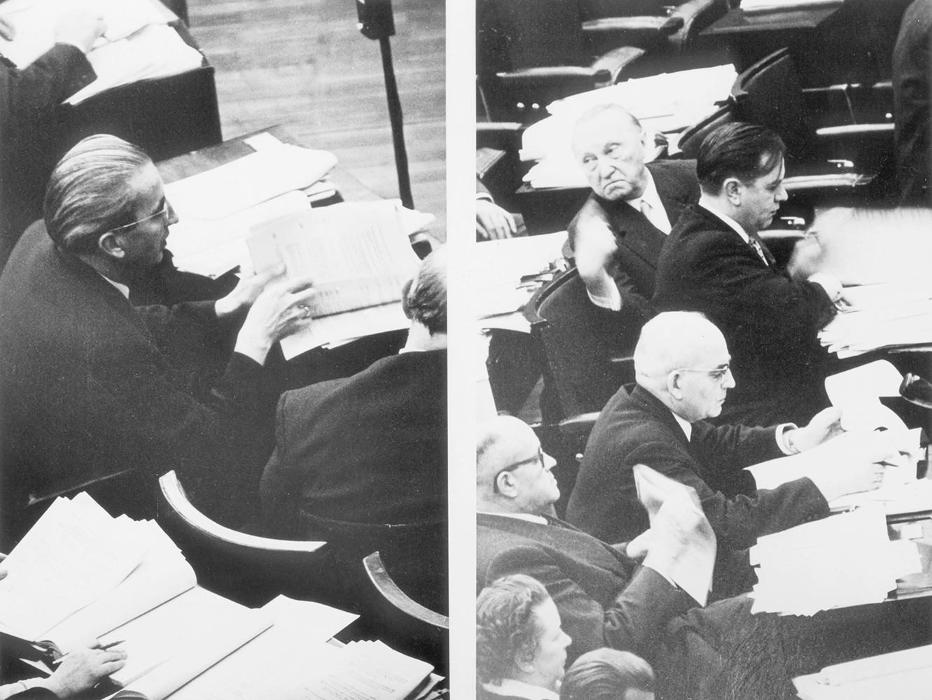 Deputy SPD Chairman Wilhelm Mellies (left) and Konrad Adenauer (right) in parliament, Picture-Alliance / akg-images | akg-images