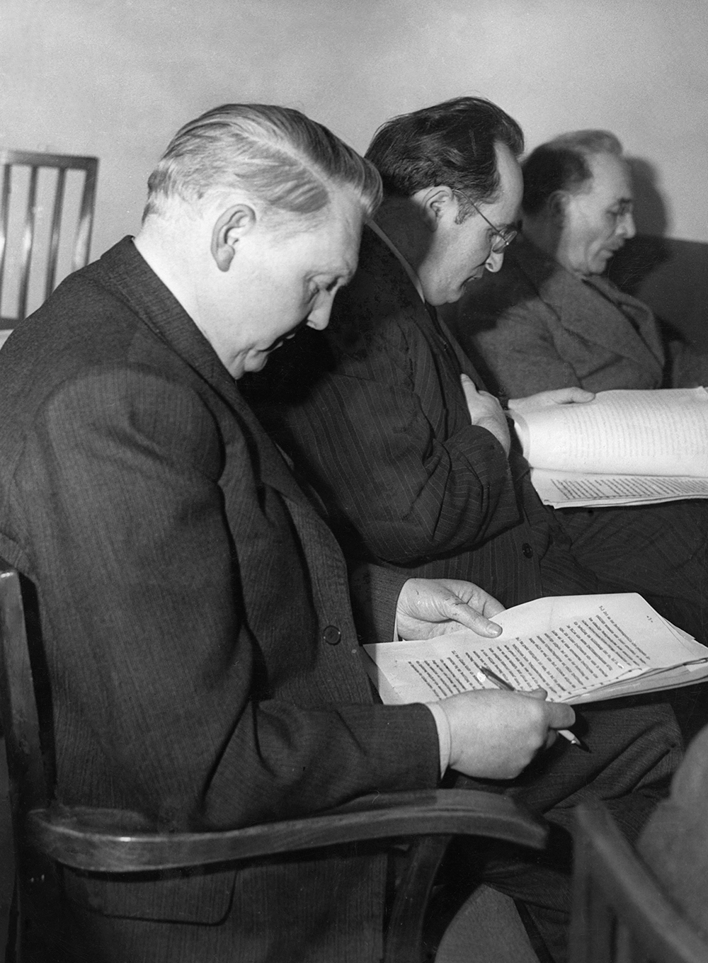Ludwig Erhard with Joseph Baumgartner and Wilhelm Hoegner at a cabinet meeting in Munich, 1945/46, SZ Photo/Süddeutsche Zeitung Photo