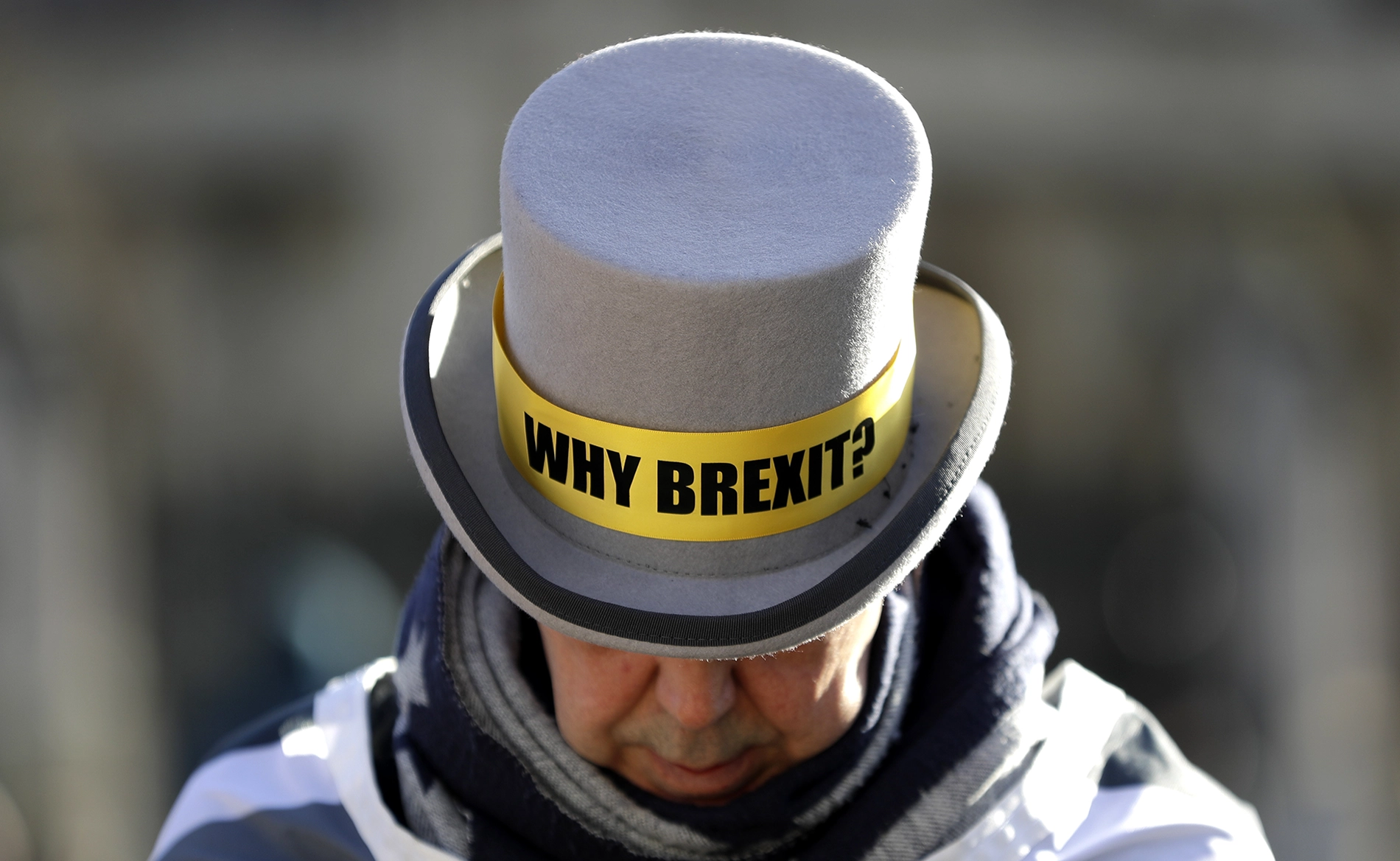 Man wearing a hat printed with “Why Brexit?”, Picture-Alliance / ASSOCIATED PRESS | Kirsty Wigglesworth